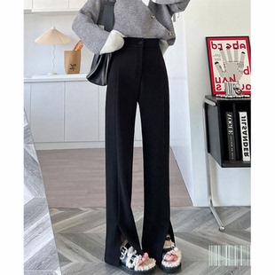 女秋冬加绒新款 裤 高腰垂感阔腿裤 宽松黑色喇叭西装 胖mm大码 开叉裤