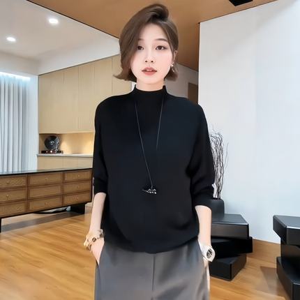 黑色显瘦立领打底针织衫女2025冬季大码胖MM长袖宽松百搭高级上衣
