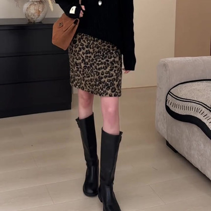 美式豹纹短裙女秋冬新款高腰显瘦时尚气质百搭减龄好看a字半身裙