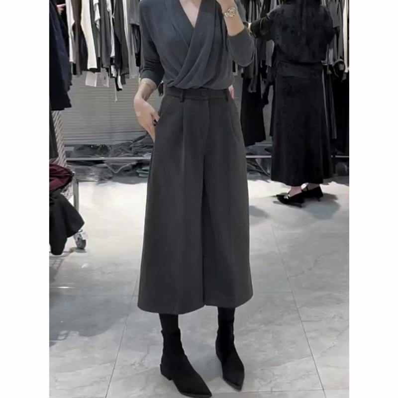 灰色八分毛呢裤女秋冬新款高腰显瘦时尚百搭洋气休闲直筒阔腿裤子