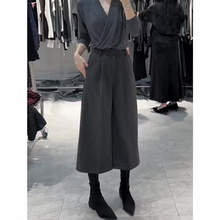 百搭洋气休闲直筒阔腿裤 高腰显瘦时尚 子 女秋冬新款 灰色八分毛呢裤