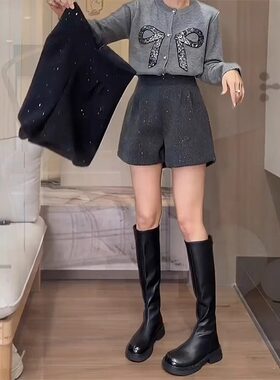 黑色亮片毛呢短裤女冬季新款大码梨形身材小个子宽松A阔腿热裤子