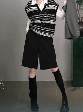 黑色休闲五分裤女2025秋季高级感流行新款高腰简约宽松百搭阔腿裤