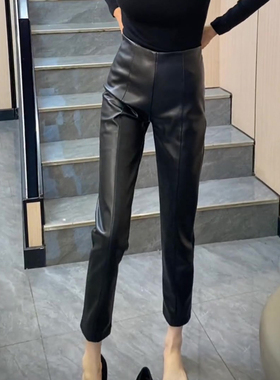 通勤风黑色紧身皮裤女2025秋季新款高级感时髦显瘦百搭九分烟管裤