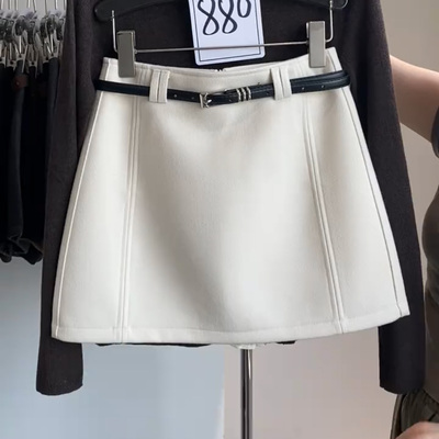 时尚气质杏白色高腰A字毛呢短裙女秋冬显瘦百搭包臀半身裙一步裙