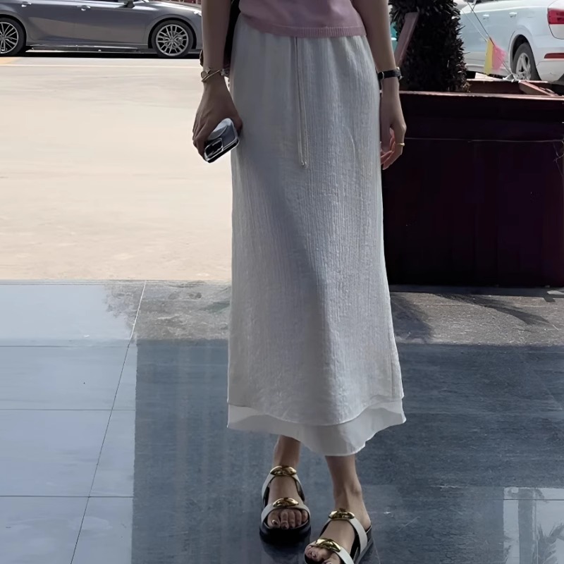 夏季时尚网纱拼接松紧腰系带显瘦半身裙女2025新款大码A字中长裙