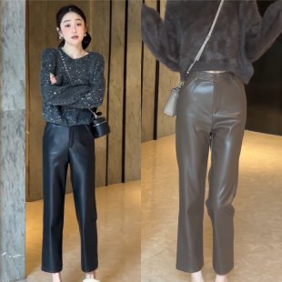 韩版时尚气质高级感直筒窄版皮裤女2026年新款九分裤休闲烟管裤潮