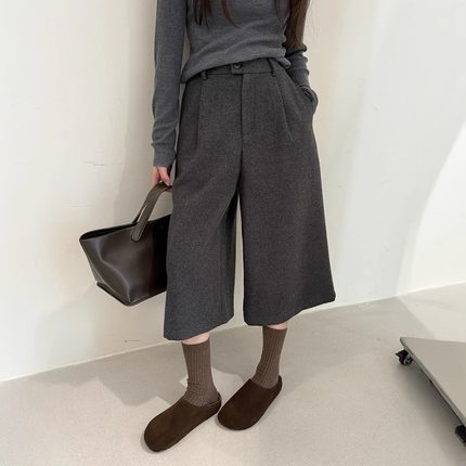 欧货羊毛呢八分阔腿裤女加绒冬季新款宽松显瘦小个子休闲西装裤