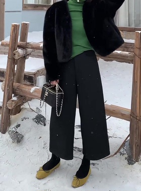 黑色八分毛呢裤女秋冬新款加厚气质时尚百搭洋气休闲宽松阔腿裤子