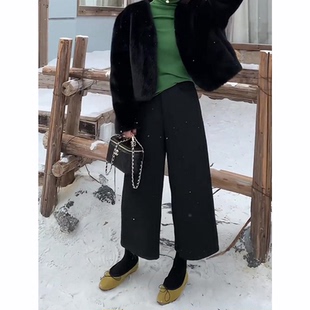 百搭洋气休闲宽松阔腿裤 加厚气质时尚 子 女秋冬新款 黑色八分毛呢裤