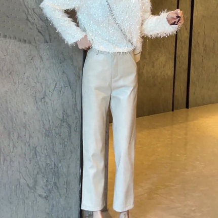 光泽感九分PU皮裤女秋季流行新款洋气减龄直筒裤百搭气质阔腿裤子