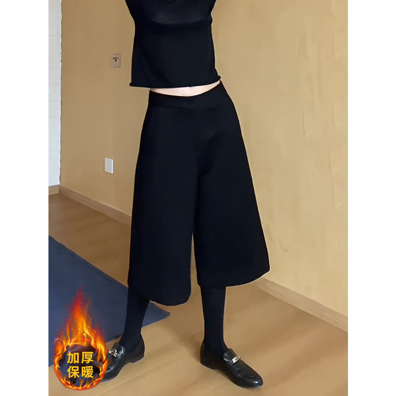 黑色极简毛呢七分裤女2025秋冬流行新款高腰洋气百搭加厚直筒裤子