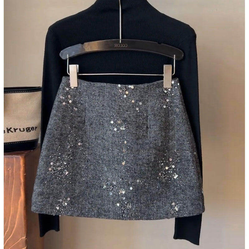 灰色半身裙女2025秋冬新款法式亮片毛呢短裙高腰显瘦a字包臀裙子,女装/女士精品,大码半身裙,淘宝优惠券,粉丝福利购,淘宝优惠卷
