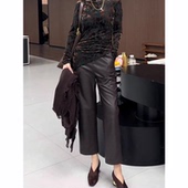 女秋季 流行新款 高腰显瘦气质时髦百搭直筒烟管裤 咖色九分皮裤 PU裤