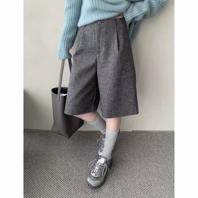 韩国东大门秋冬新款高腰系扣灰色毛呢五分裤女外穿西装休闲阔腿裤