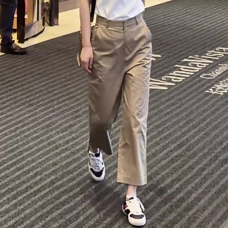 韩版卡其色小个子高腰休闲裤女2025夏季新款宽松减龄百搭直筒裤