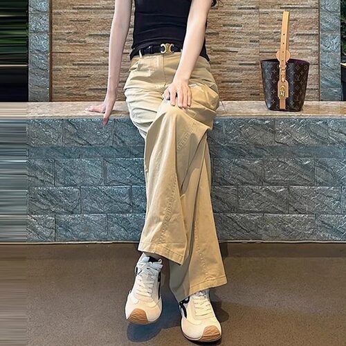 卡其色休闲裤女夏季新款宽松美式复古显瘦高腰直筒阔腿拖地长裤子