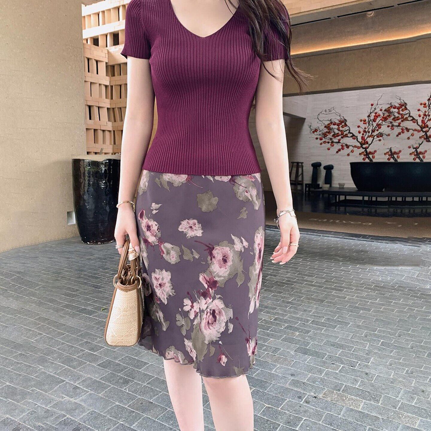 韩版时尚法式碎花复古花卉印花晕染玫瑰花高腰显瘦气质中裙半身裙