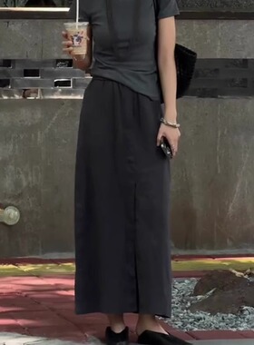 灰色亚麻半身裙女2026年夏季流行新款高腰宽松前开叉百搭中长裙子