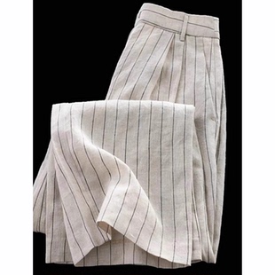 子宽松条纹棉绸薄款 女装 欧货阔腿裤 九分棉麻直筒裤 高级感 2025新款