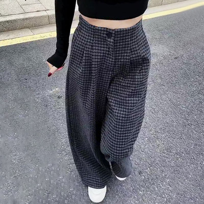 韩系百搭潮流撞色格子裤女2025早秋新款时尚百搭高腰休闲阔腿裤
