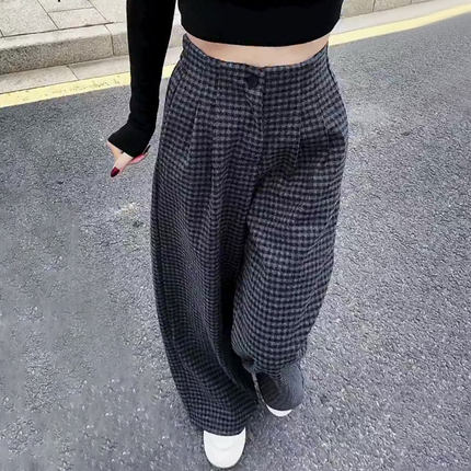 韩系百搭潮流撞色格子裤女2025早秋新款时尚百搭高腰休闲阔腿裤