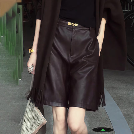 咖色皮裤女2025秋季流行新款高腰显瘦法式复古宽松通勤风五分裤