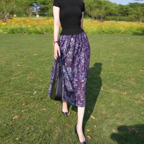 印花半身裙女2026夏季新款显瘦气质透气冰凉轻薄紫色花苞A字裙子