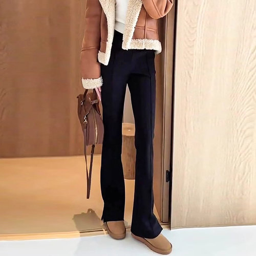 2025秋冬新款黑色侧开叉微喇叭裤女高腰垂感加绒直筒休闲西装裤