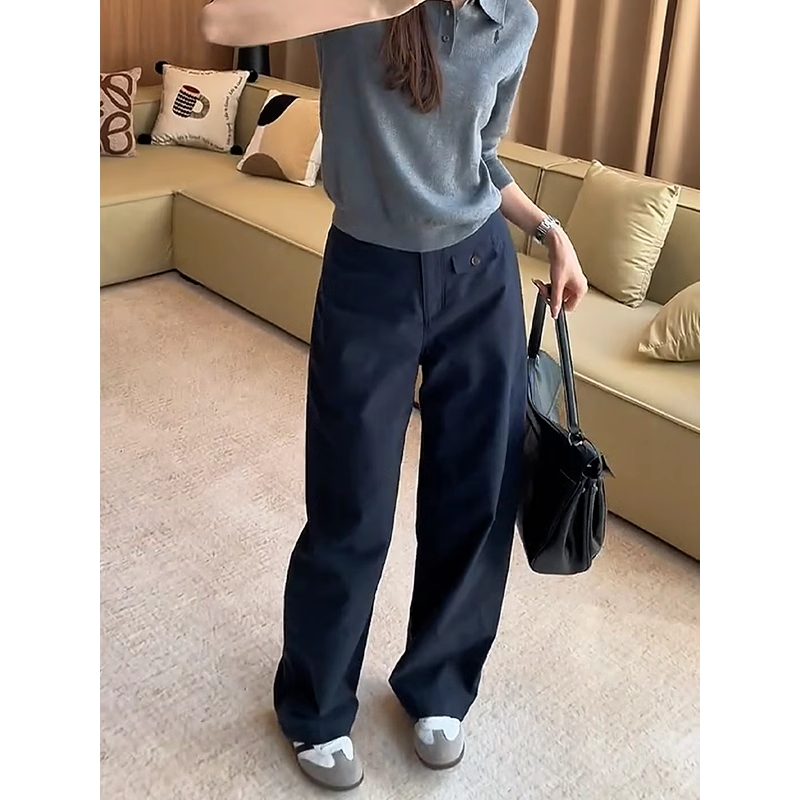 时髦感藏青色美式工装裤女春夏新款时尚高腰拖地裤宽松藏肉直筒裤,女装/女士精品,大码裤装,淘宝优惠券,粉丝福利购,淘宝优惠卷