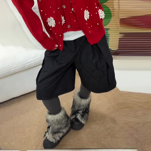 气质百搭通勤阔腿裤 高腰显瘦时尚 子 女秋冬新款 黑色夹棉五分休闲裤