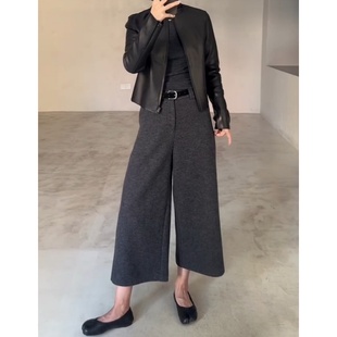 高腰显瘦八分阔腿裤 新款 2025年秋季 韩系灰色洋气毛呢休闲裤