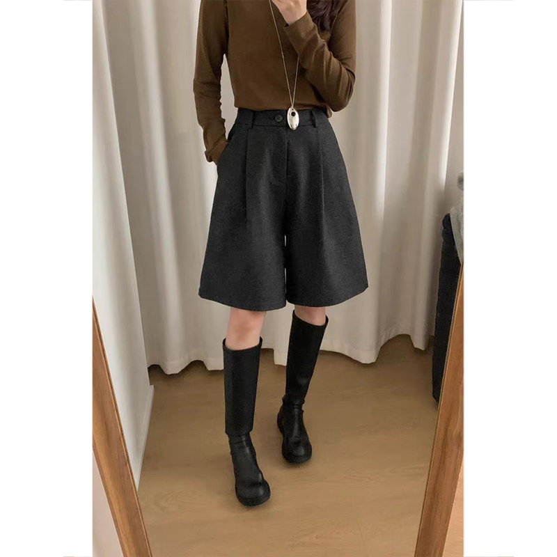 毛呢阔腿短裤女士2025秋冬韩系高腰中裤小个子显瘦直筒a字五分裤