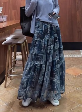 欧货正品蓝色复古印花设计感半身裙女2025夏季新款小众休闲风长裙