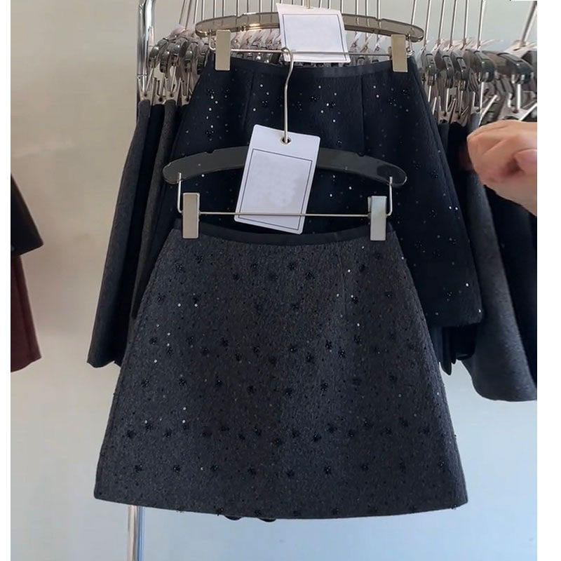 重工亮片毛呢短裙女2025秋冬新款韩版高腰显瘦A字裙小香风半身裙,女装/女士精品,大码半身裙,淘宝优惠券,粉丝福利购,淘宝优惠卷