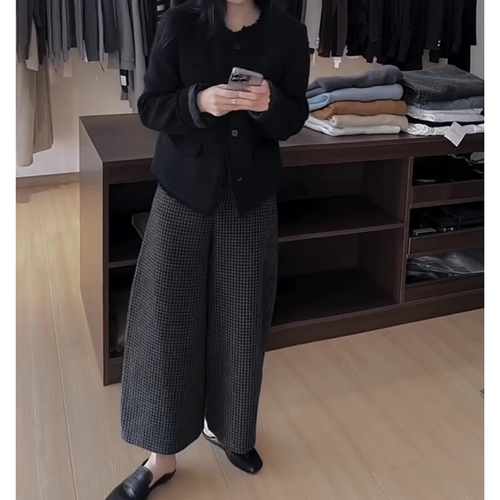 设计感格子休闲裤女2025新款高腰时尚宽松复古百搭垂感阔腿九分裤