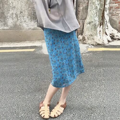韩版时尚法式复古风蓝色碎花半身裙女高腰显瘦A字中长裙花卉半裙