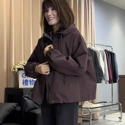 连帽夹棉冲锋衣外套女2025秋冬新款小个子宽松加厚工装夹克上衣潮