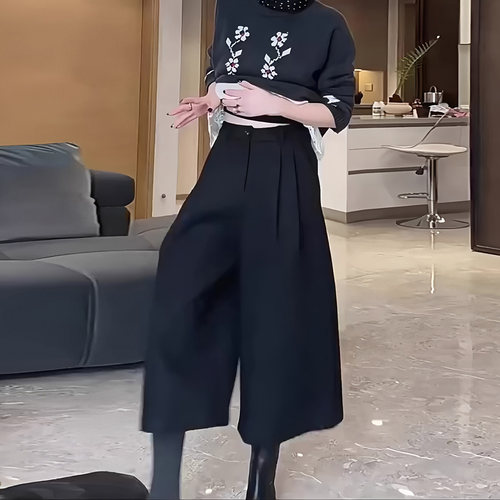 黑色日系七分裤女2025秋季流行新款高腰宽松洋气小众百搭阔腿裤子