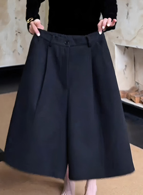 黑色压褶五分毛呢短裤女秋季流行新款宽松显瘦阔腿裤百搭直筒裤子