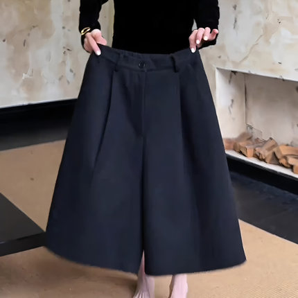 黑色压褶五分毛呢短裤女秋季流行新款宽松显瘦阔腿裤百搭直筒裤子