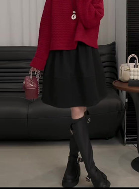 黑色毛呢花苞裙女冬季流行新款高腰显瘦遮胯时尚百搭超好看半身裙