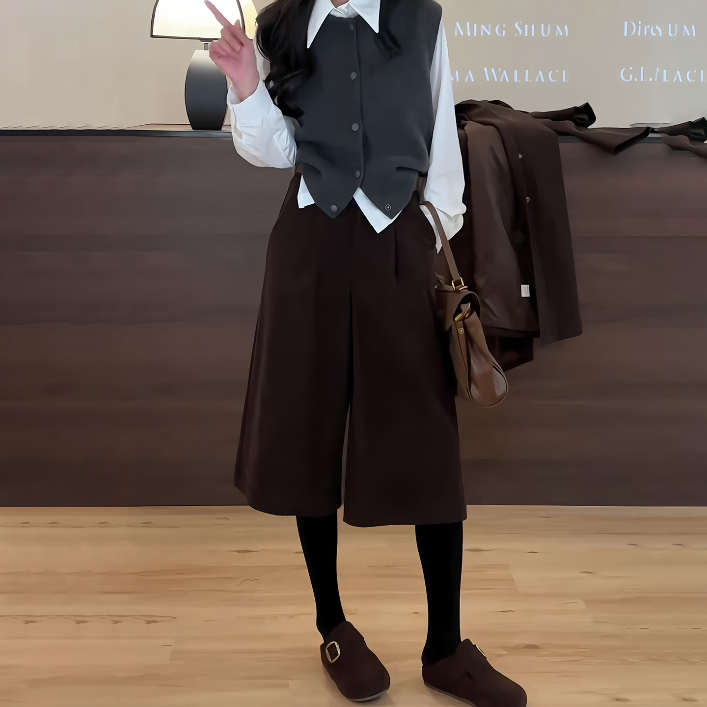 咖色压褶七分裤女秋季流行新款简约流行百搭直筒裤时髦显瘦阔腿裤