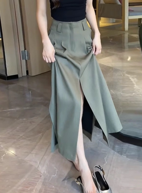 绿色开叉半身裙女2025夏季流行新款高腰时尚设计感小众百搭A字裙