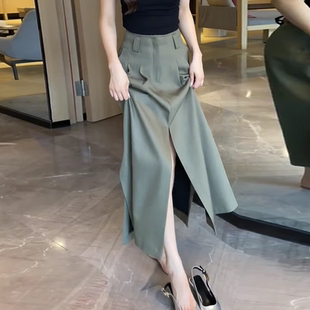 绿色开叉半身裙女2026流行新款 设计感小众百搭A字裙 高腰时尚