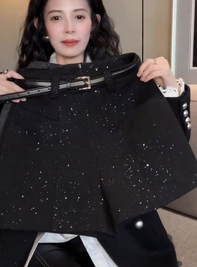 高级感黑色细闪毛呢短裤女2025秋季流行新款高腰显瘦宽松时髦短裤