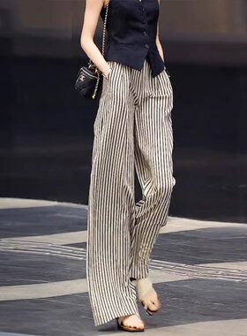 竖条纹高腰阔腿裤女夏薄款2026新款宽松遮肉百搭时髦感休闲拖地裤