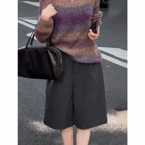 深灰色五六分裤女2025今年流行秋季新款高腰时尚日系百搭阔腿裤子