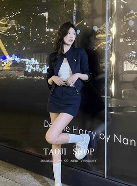 藏蓝色套装裙女夏季25新款气质显瘦长袖短款外套高腰半身裙两件套