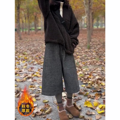 2025秋冬流行新款花灰色毛呢七分裤女高腰显瘦宽松时尚洋气阔腿裤